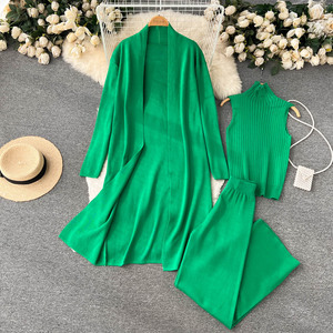 Kustom 3 buah kardigan cocok Sweater celana kaki lebar dan Crop Top Set pakaian musim gugur wanita 2023 - Product Image 1