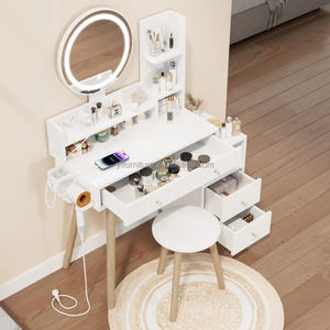 Juego de tocador de maquillaje de alta calidad con espejo con luz LED y taburete de cojín, tocador con mesita de noche - Product Image 4