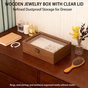 Wood Jewelry <b>Box</b> With Glass Lid Multi Compartment Storage For <b>Earrings</b> Bracelets Rings Organized Display Case - Product Image 2