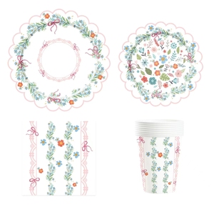 DAMAI - Juego de Platos de Papel Desechables Personalizados con Tema de Flores Rosas y Verdes para Fiesta de Té de Primavera, Decoración con Tema de Fiesta de Té - Product Image 3