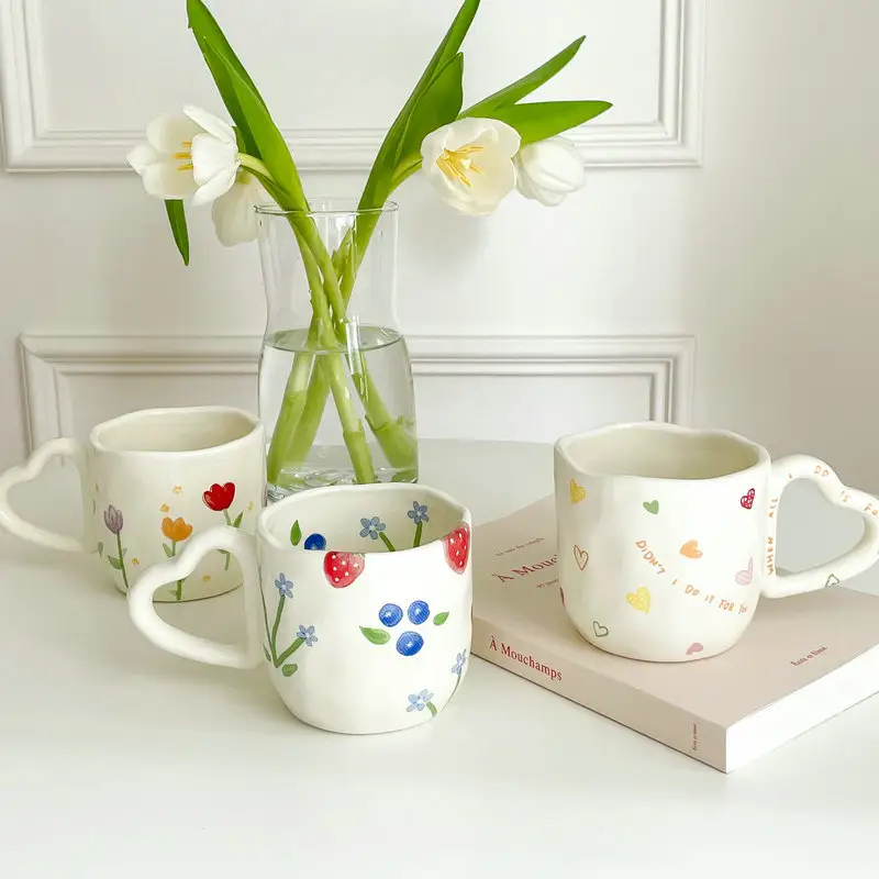 Lelyi Belle fleur peinte à la main amour poignée lait blanc tasse en céramique INS exquis tasse à café pour cadeau