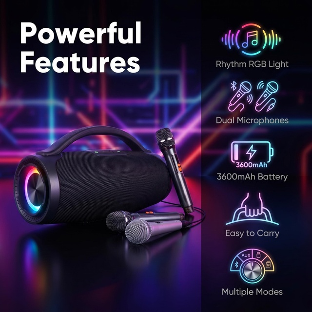 Karaoke Party Portable RGB Speaker Outdoor Portable Mini Speaker Subwoofer with 2 Microphone