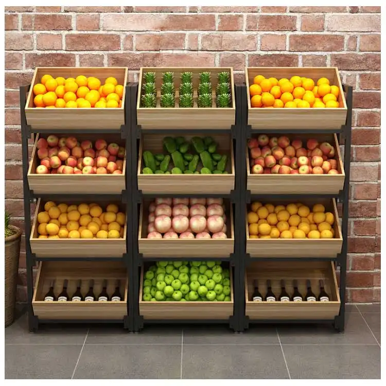 Espositore per scaffali per frutta e verdura in legno di alta qualità per supermercato