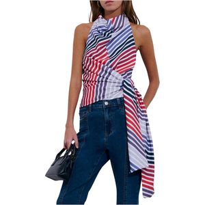 FOXA Women's Striped Cowl Neck Halter <b>Top</b> Sleeveless Wrap Tie Waist Open Back Tank <b>Top</b> - Product Image 1