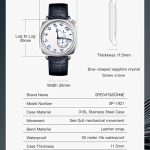 1921 Classic Men's Automatic Mechanical <b>Watch</b> Vintage <b>Watch</b> with Sapphire Crystal Leather Strap Steel 50M Waterpr - Product Image 6