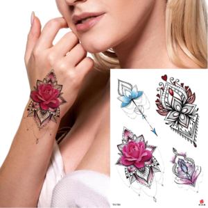Autocollants de <span class=keywords><strong>tatouage</strong></span> en papier blanc style indien 3D, imperméables, papillon, tatouages temporaires réalistes, rose, pivoine, feuille de lavande - Product Image 1