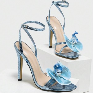 Women's High Heels Shoes Butterfly-Embellished Crisscross Back <b>Pull</b>-Strap Square-Toe Peep-Toe Blue Stiletto Sandals - Product Image 2