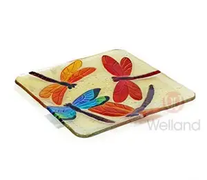 On Sale WELLAND Hand Painted Square Decorative Glass Plate Dish with Round Corner, Dragonfly Pattern
