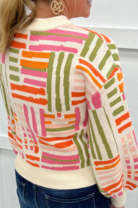 Dear-Lover Maglione da Donna all'Ingrosso con Motivo a Rose e Linee, Collo Tondo e Maniche a Sbuffo - Product Image 2
