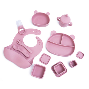 Ensemble de vaisselle en <span class=keywords><strong>silicone</strong></span> pour bébé, personnalisé, 100% de qualité alimentaire, sans BPA, avec plateau de rangement, bavoir, sucette, bol et couverts - Product Image 1