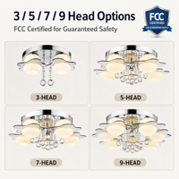 Plafonnier LED moderne à 3/5/7/9 têtes en cristal avec protection oculaire FCC ABS+PS, E27 Multi CCT avec télécommande pour salon