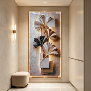 Pintura LED Vertical de Porcelana con Hojas de Ginkgo Doradas, Arte de Pared LED Abstracto para Entrada, Decoración del Hogar, Impresión HD Personalizada - Product Image 3