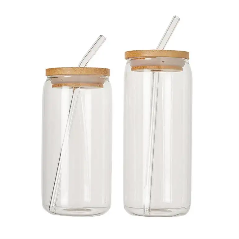 Sublimazione all'ingrosso 12oz 16oz, stampa bicchieri trasparenti smerigliati tazza lattine di birra bicchiere di vetro con coperchi di bambù/