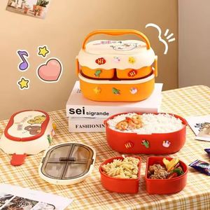 Cute Cartoon Dual-Tier Stackable Airtight Bento <b>Lunch</b> <b>Box</b> Double-<b>Layer</b> Handle Microwave Heating Lid High Sustainable Adults Kids - Product Image 2
