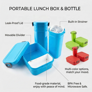 Ensemble boîte bento et bouteille à double boucle scellée sans BPA - Contenant repas micro-ondable anti-fuite avec compartiment intérieur amovible - Product Image 2