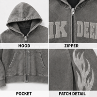 Ensemble survêtement IKDEER personnalisé vintage délavé avec sweat à capuche zippé et pantalon large imprimé flamme pour tenues quotidiennes streetwear et hip-hop