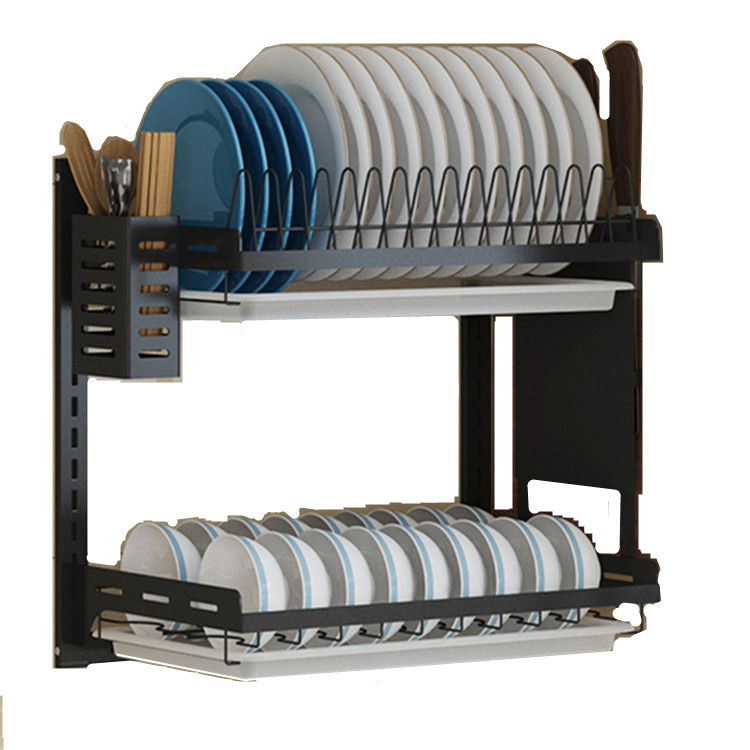 Kitchen Storage 2-tier Basket Drainer with Tray Wall Amounted Stainless Steel Dish Rack