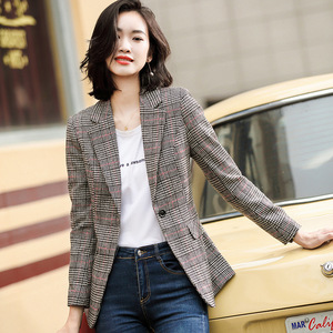Women's Plaid Blazer Coffee Color Long Sleeve Anti-Wrinkle Casual Wear - Product Image 2
