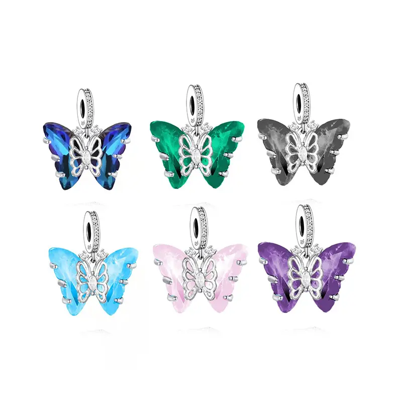 Novo 925 Sterling Silver Colorido Pedra de Murano Borboleta Oscila Grânulos de Charme Fit Pulseiras Jóias Fazendo