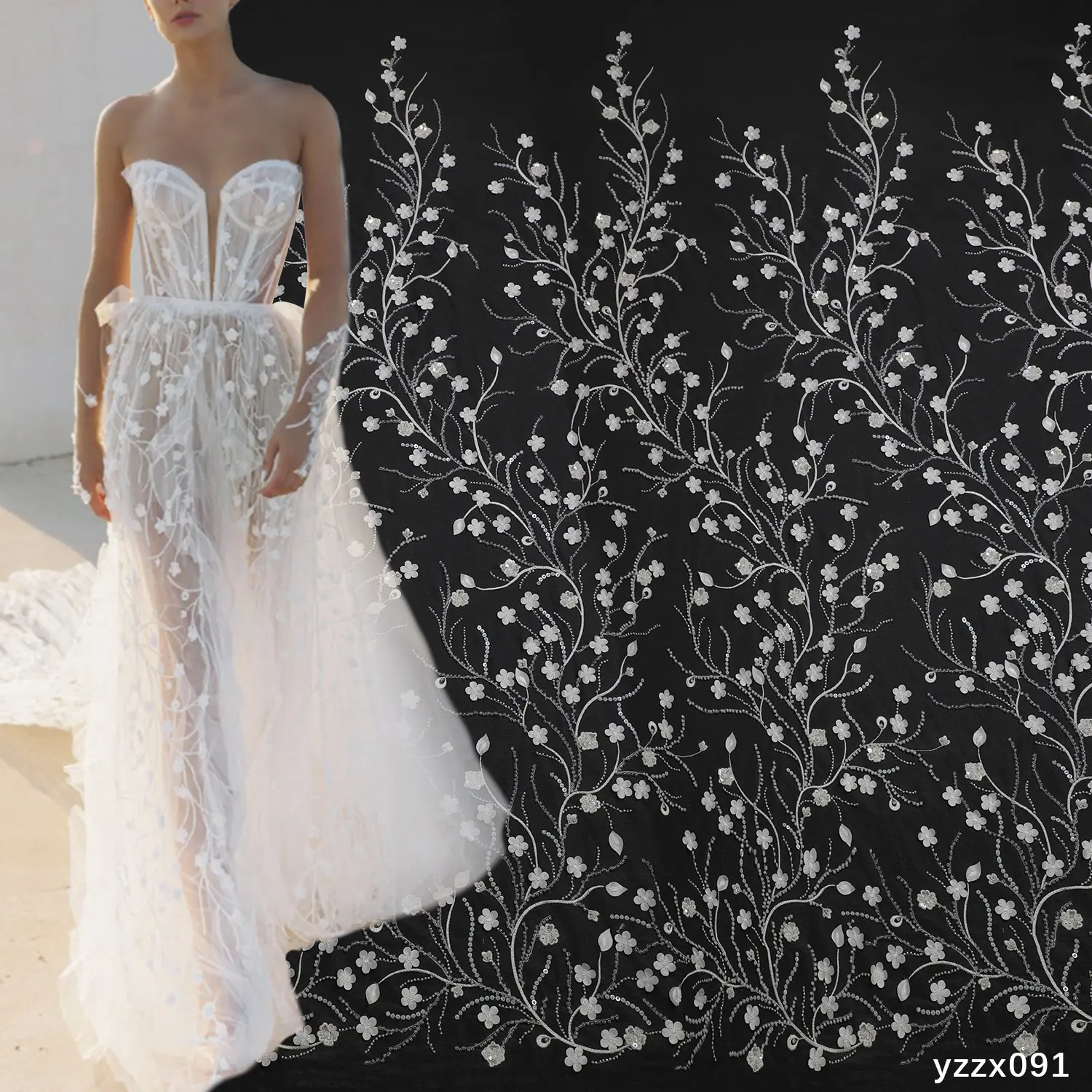 ZX091 White Beading Embroidered Tulle For Wedding dress, Couture lace embroidered fitted cocktail dress