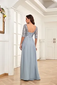 Vestidos de Encaje y Gasa para Madrina de <span class=keywords><strong>Boda</strong></span>, <span class=keywords><strong>Vestido</strong></span> Largo Formal de Noche con Mangas, Corte en A, para Invitadas y Madres de los Novios - Product Image 2