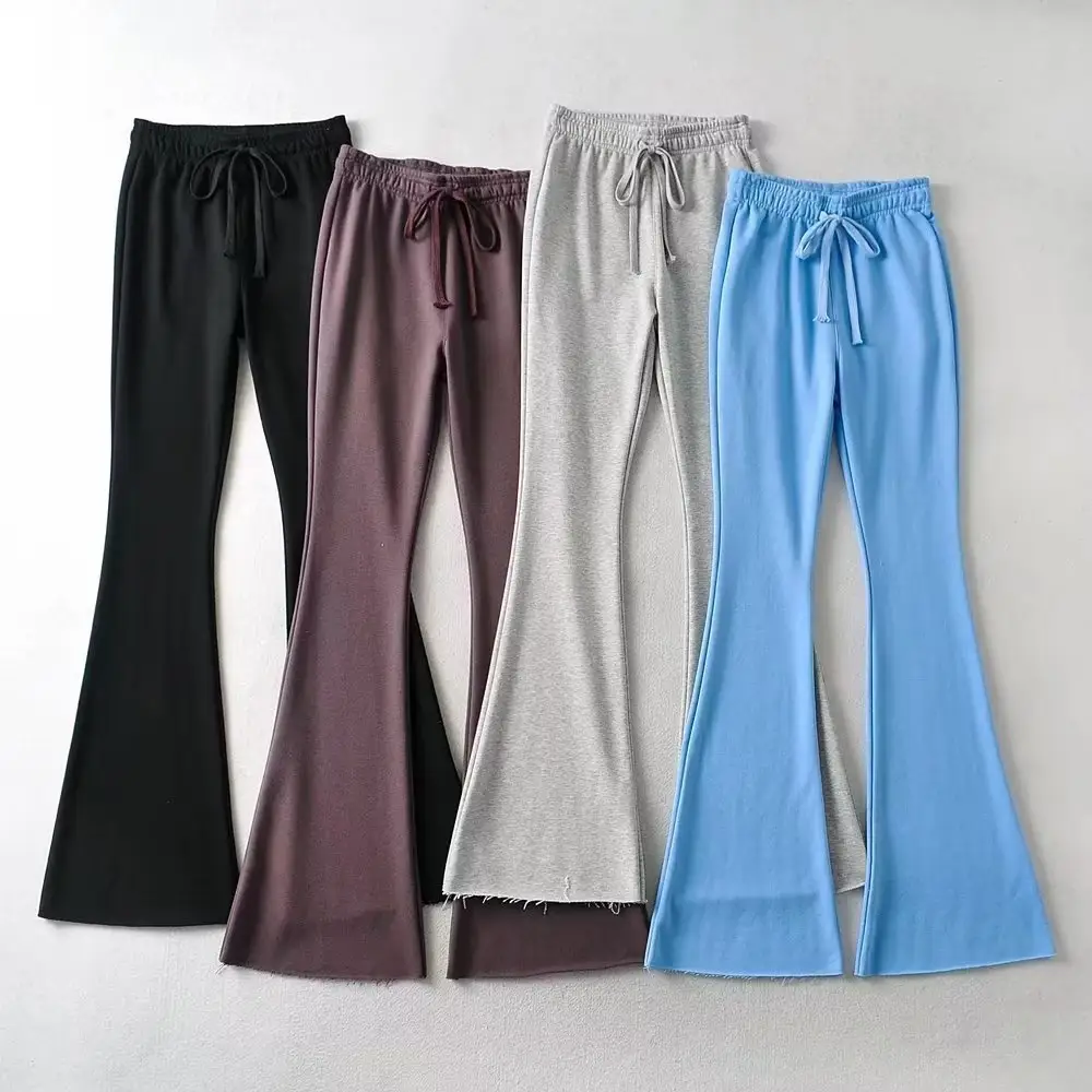 New style women pants french terry slim flared elastic waist with drawstring sweatpants black blue plus size women's trousers