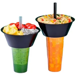 Factory 12oz 16oz 24oz 32oz PP Plastic Cup With Bowl On Top 2 In 1 Snack And Drink Cup With Bowl Tray Holder