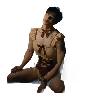 Men's sexy lingerie set, lace ruffle bodysuit, crossdressing role-playing seductive pajamas, brown bear - Product Image 5