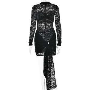 Lace Women's Dress Long Sleeve High Neck Ruched Translucent Club Dress - Product Image 5