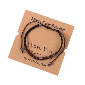 Mama Sister Couple Friend Inspirational Gift Adjustable Handmade Braided Beaded Hematite Bracelet I Love You Morse Code Bracelet