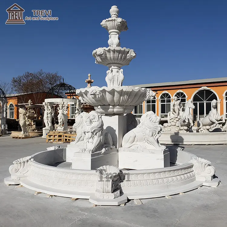 Fontana di pietra naturale in marmo leone all'aperto arte moderna enorme fontana d'acqua