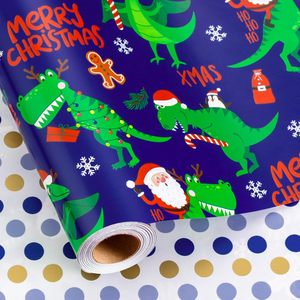 Blue Christmas <b>Wrapping</b> <b>Paper</b> Dinosaur Santa Pattern 17 Inch X 33 Feet Roll For Kids Gift Craft Recyclable - Product Image 1