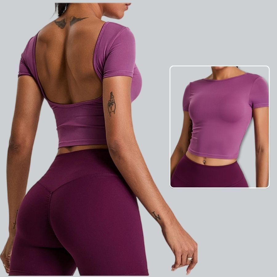 Women High Quality Backless Yoga Crop Top With Fixed Cups Quick Dry Breathable Slim Fit Fitness Short Sleeve Workout Apparel