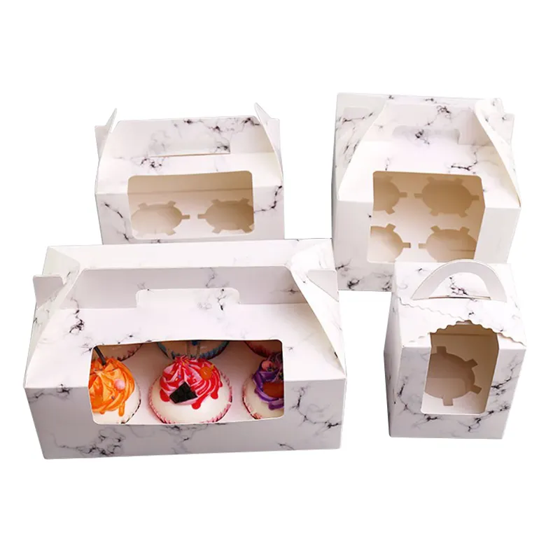 Baking packaging carry cupcake paper window box in bulk packaging wedding small dessert pastry cake gift box with paper handle