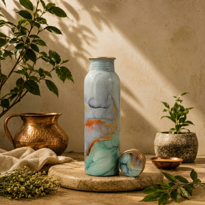 Modern and Minimal Style Copper Water <b>Bottle</b> With Marble Pattern Portable Travel <b>Flask</b> Lids Included - Product Image 1