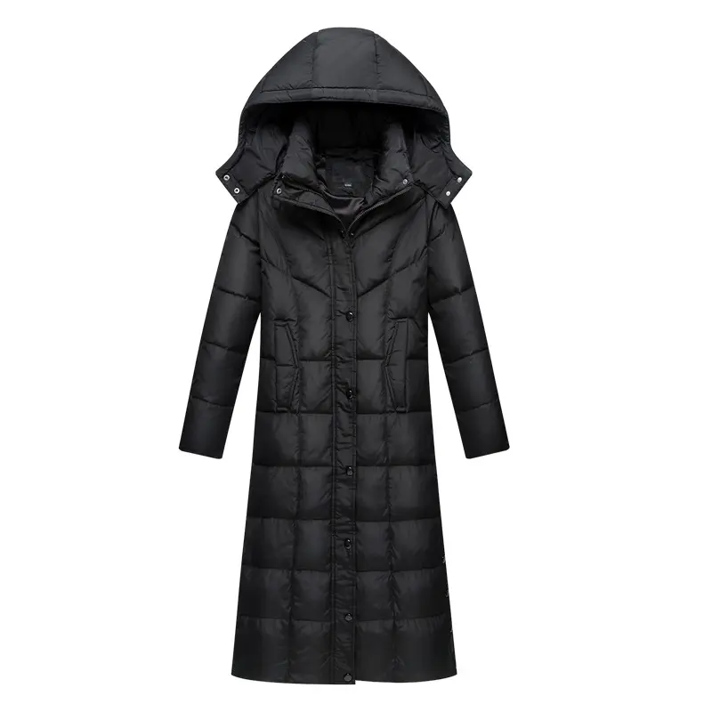 Womens Long Length Padded Coat Over Knee Removable Hooded Side Split Puffer Coat Winter Outerwear Ladies