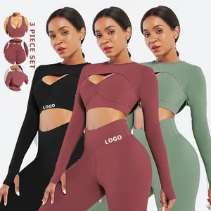 Penjualan Laris 2023 Set Yoga 3 Potong Set Kebugaran Gym Pakaian Olahraga Seksi Atasan Crop Lengan Panjang dan Celana Yoga Pinggang Tinggi Set Yoga Mulus
