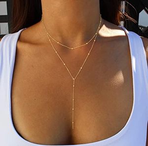 <span class=keywords><strong>Foxgirl</strong></span> Collier Lariat plaqué or 14 carats pour femme Pendentif délicat en forme de Y Chaîne perlée CZ Colliers à couches à la mode pour anniversaire - Product Image 2