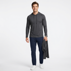 Sudadera de Punto con Capucha para Hombre, Color Gris Oscuro, Manga Larga, Transpirable, Color Sólido, para Primavera, con Capucha Ajustable y Orificios para los Pulgares - Product Image 1