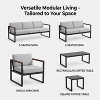 Table basse carrée moderne antirouille avec cadre en aluminium noir, personnalisable pour terrasse, accoudoirs en bois de teck, coussin épais, durable