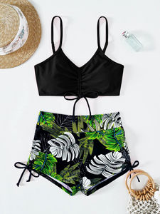 Traje de Baño de Dos Piezas a Rayas con <span class=keywords><strong>Shorts</strong></span> de Cintura Alta para Mujer, Popular para el Verano - Product Image 3