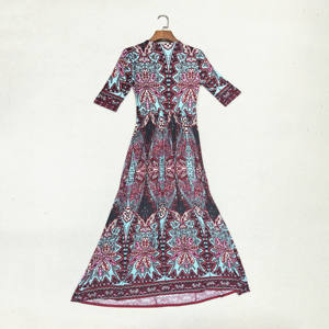 Abito Lungo Elegante da Donna in <span class=keywords><strong>Bordeaux</strong></span> e Azzurro con Stampa Etnica Retrò Paisley, <span class=keywords><strong>Maniche</strong></span> Corte e Vita Annodata - Product Image 3