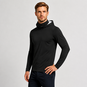 <b>Men's</b> <b>Long</b> <b>Sleeve</b> Solid Black Hooded Pullover <b>Top</b> UPF 50 Quick Dry Fishing Wear - Product Image 2