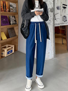 Nouveauté Pantalon Harem ample et respirant à taille haute en tissu de coton vintage, longueur totale, uni, pour femmes - Product Image 3