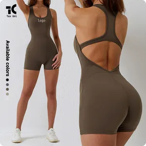 Hot Verkopende Yoga Jumpsuit Backless Workout Bodycon Sport Romper Scrunch Butt Playsuit Gym Fitness Halter Mouwloze Bodysuit