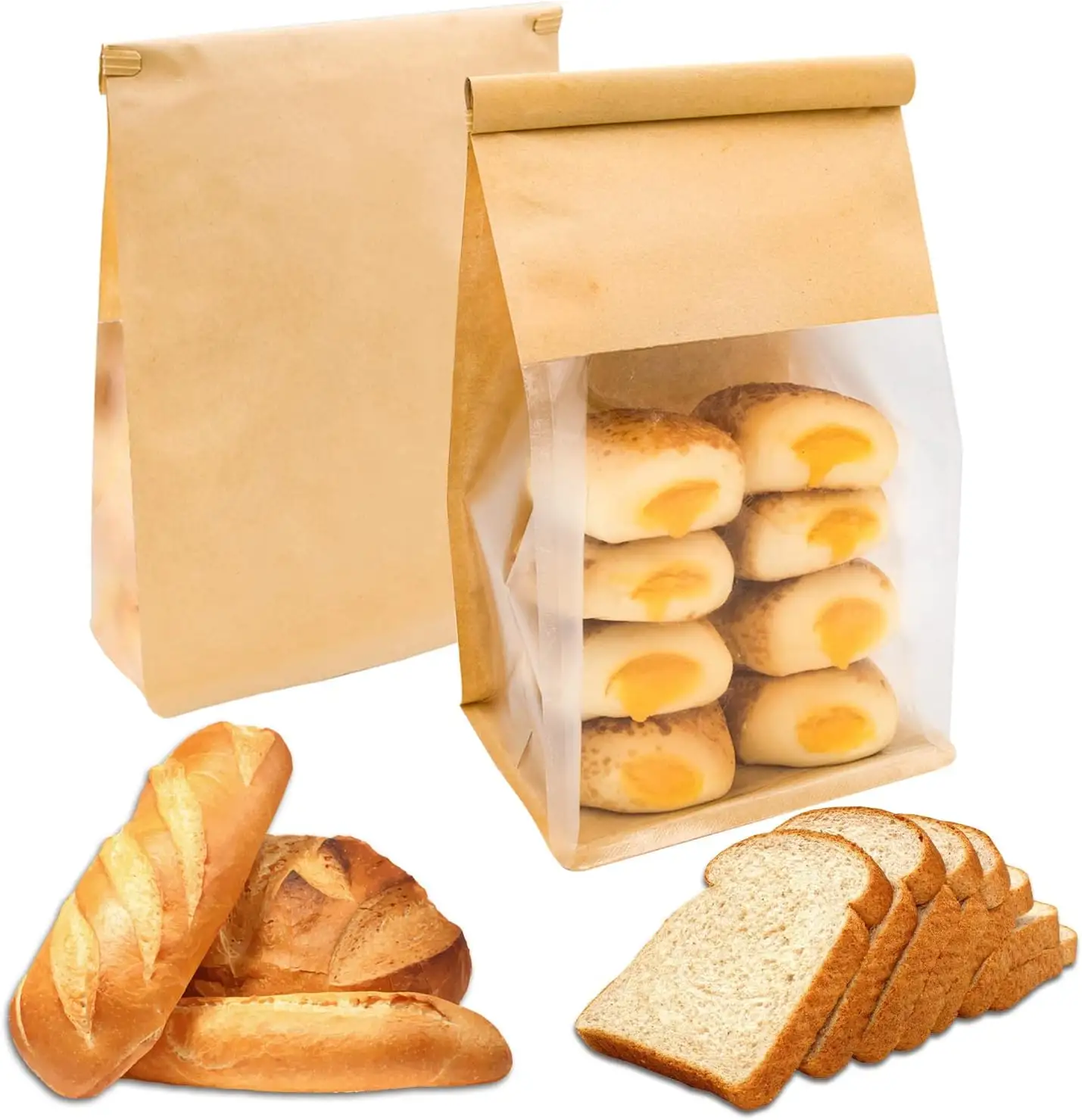 Stock Bakery Paper Wrapping Bag Bagel Toast Brown hohes Volumen Wiederholen Öffnen Schließen Kraft papiertüte mit Fenster