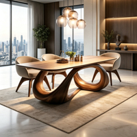 Table à manger en bois massif torsadé abstrait, base courbée artistique, plateau rectangulaire pour mobilier de salle à manger moderne et luxueux