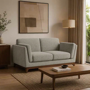 Canapé moderne Aruna à deux places, base en teck massif, revêtement en tissu haut de gamme, fabrication artisanale, écologique, confortable, durable, personnalisable - Product Image 1