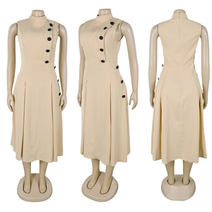 S10993 Trendy Summer Dresses Women Casual Elegant High Waist Stand Collar Sleeveless Office Lady Dress for Women With Button - Product Image 5
