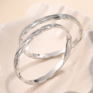 New Trendy Simple Diamond Cross Checkered Pattern Bracelet Stainless Steel Bangles Fashion Jewelry <b>for</b> Women - Product Image 3